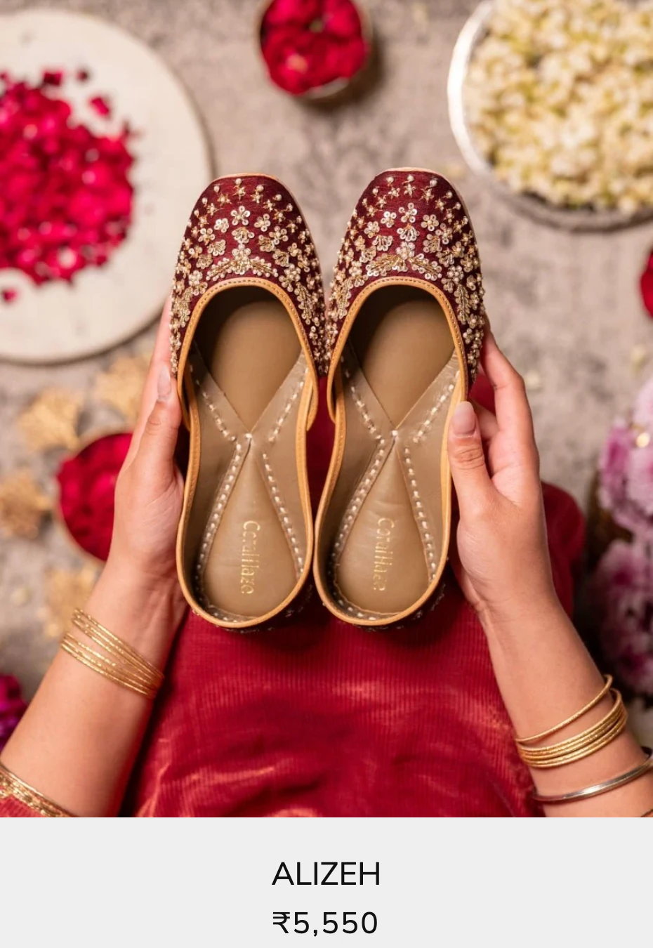 A product card for Alizeh: the pair photographed in a room, with the style name and price underneath.