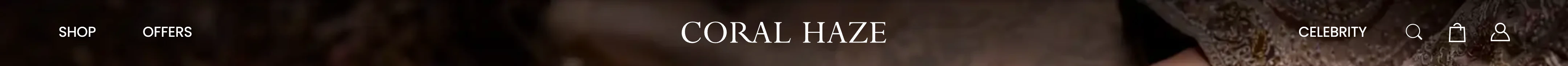 The site header: Shop and Offers on the left, the wordmark centred, Celebrity plus search, bag and account on the right.