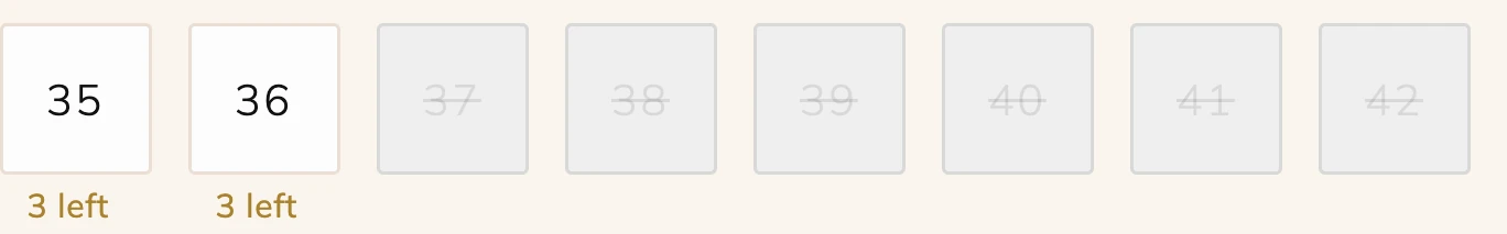The size selector: sizes 35 to 42, with sold-out sizes greyed and remaining ones showing a stock count.
