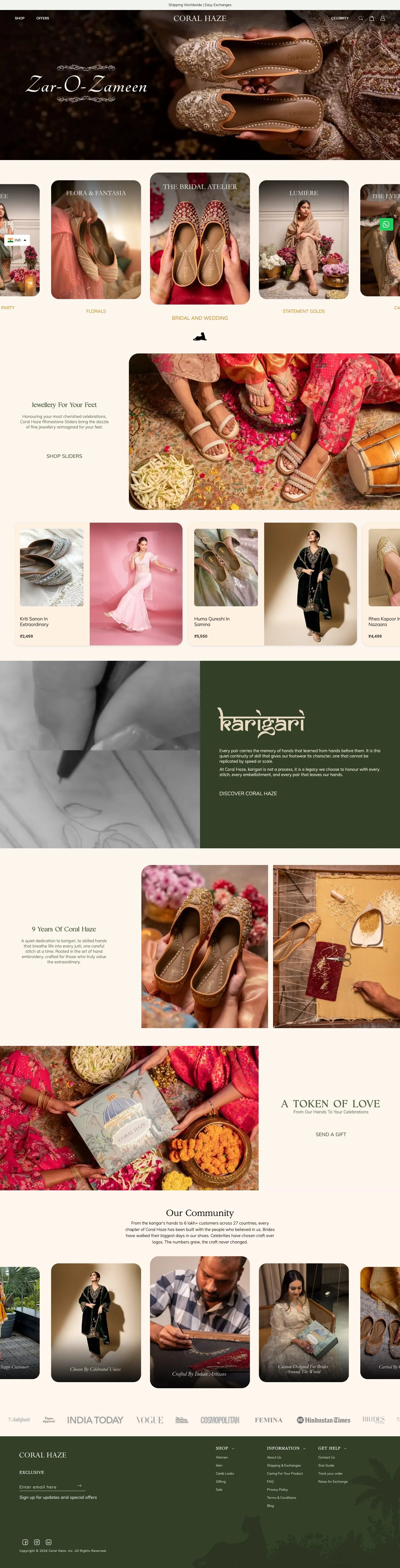 Full homepage: the seasonal collection hero, the edit tiles, the karigari craft film, nine years of Coral Haze, gifting and the press strip.