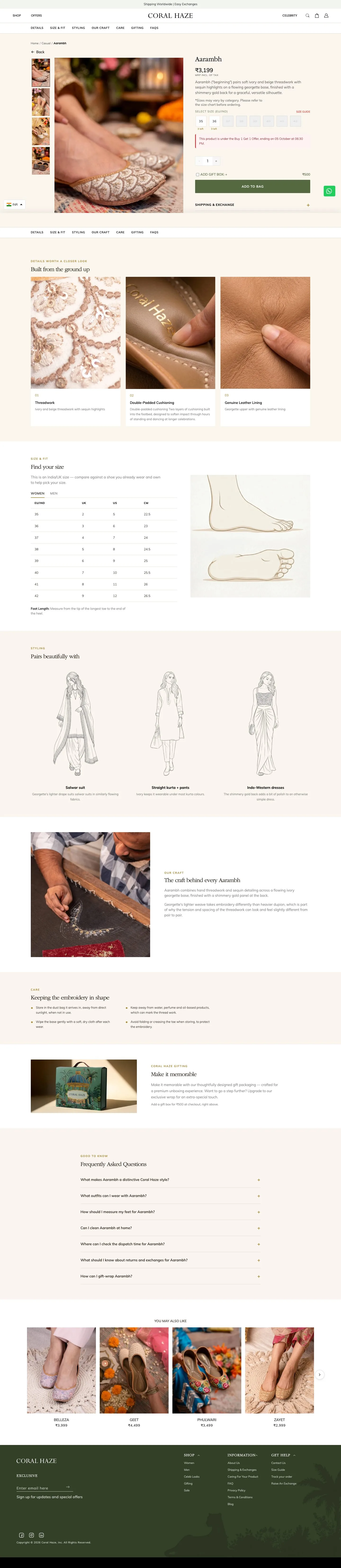 The Aarambh product page: gallery, per-size stock, the craft close-ups, a size guide drawn from foot measurements, styling suggestions and the embroidery care notes.