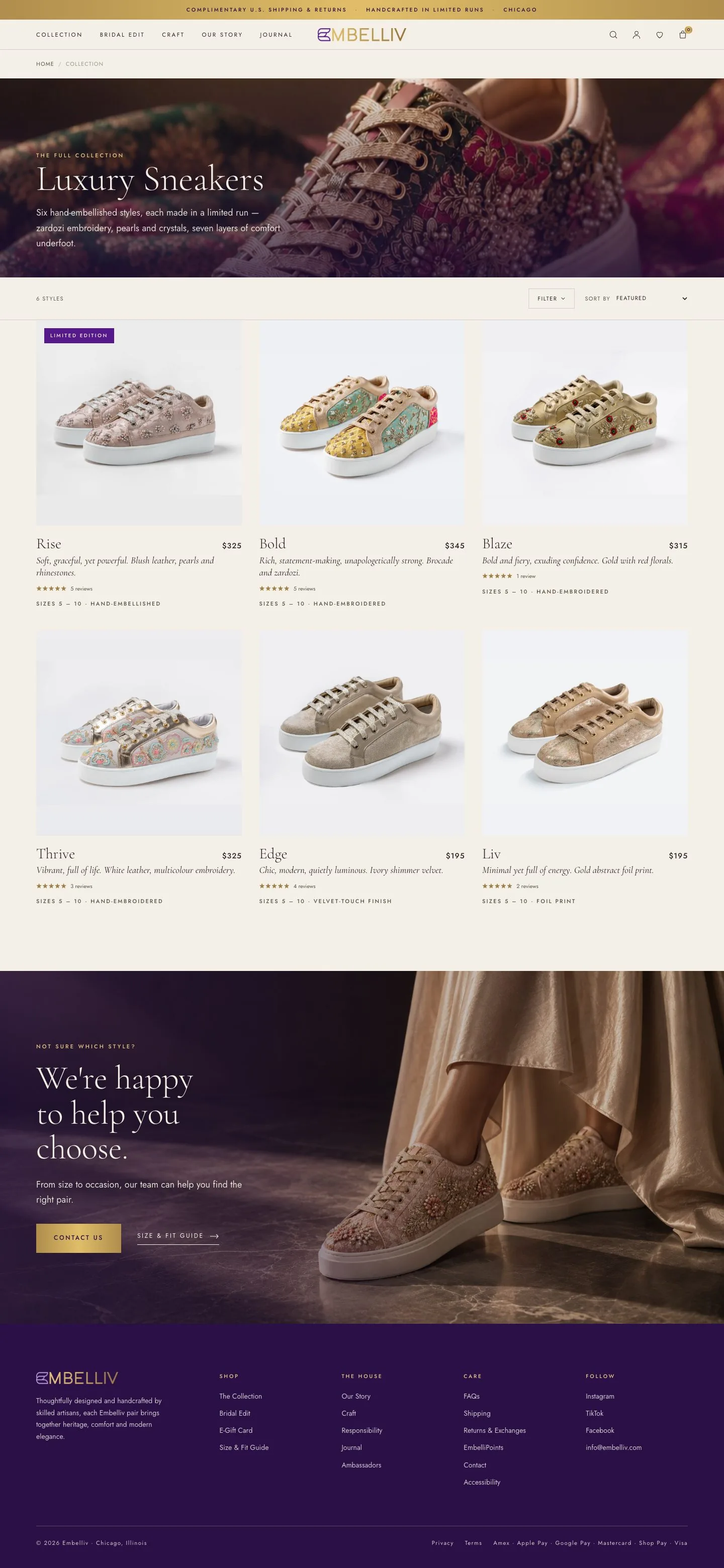 The collection page: six product cards in a three-up grid, with a filter and sort toolbar above.