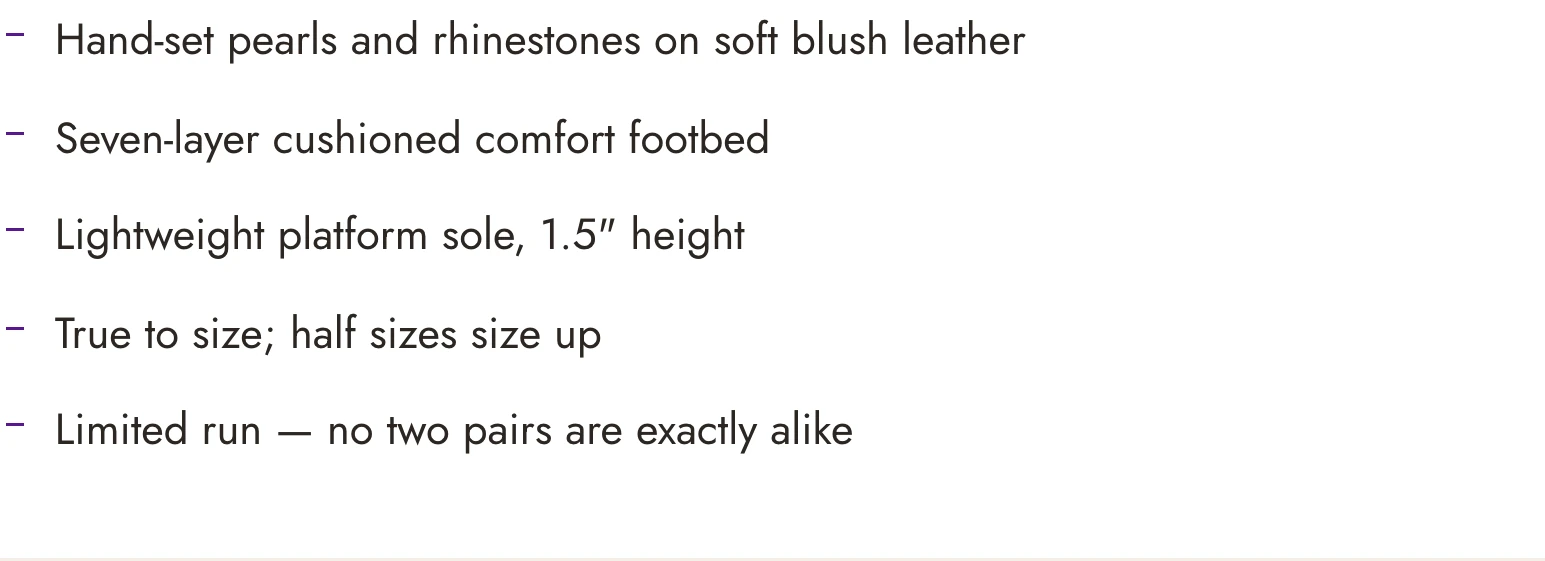 A detail panel listing pearls and rhinestones, the cushioned footbed, the platform height, fit and the limited run.
