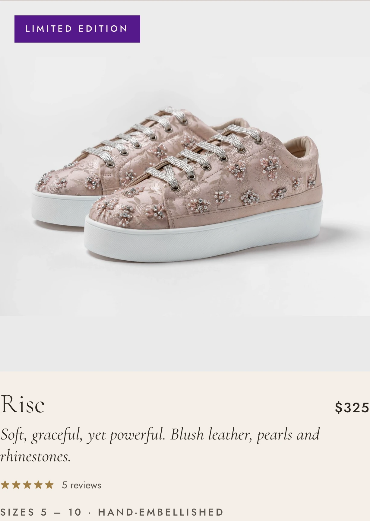 A product card for Rise: a limited edition badge, the shoe on ivory, the name, price, description, rating and size range.