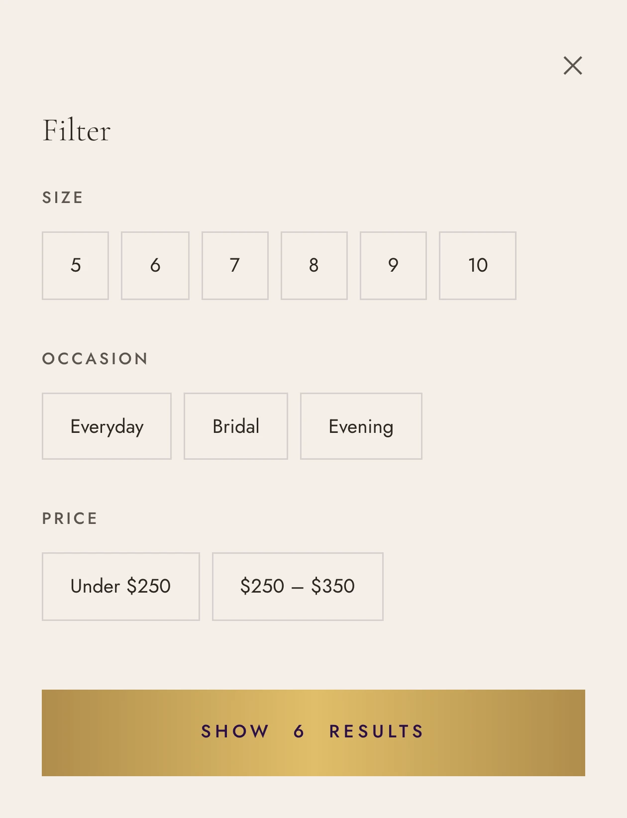 The filter drawer: size, occasion and price as chip groups, with a Show 6 results button.