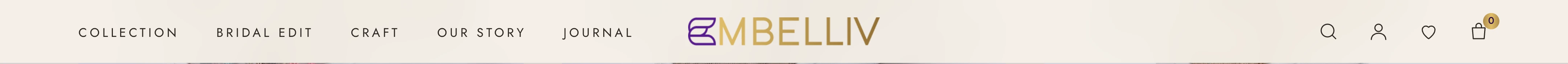 The site header: navigation on the left, the wordmark centred, search, account, wishlist and bag on the right.