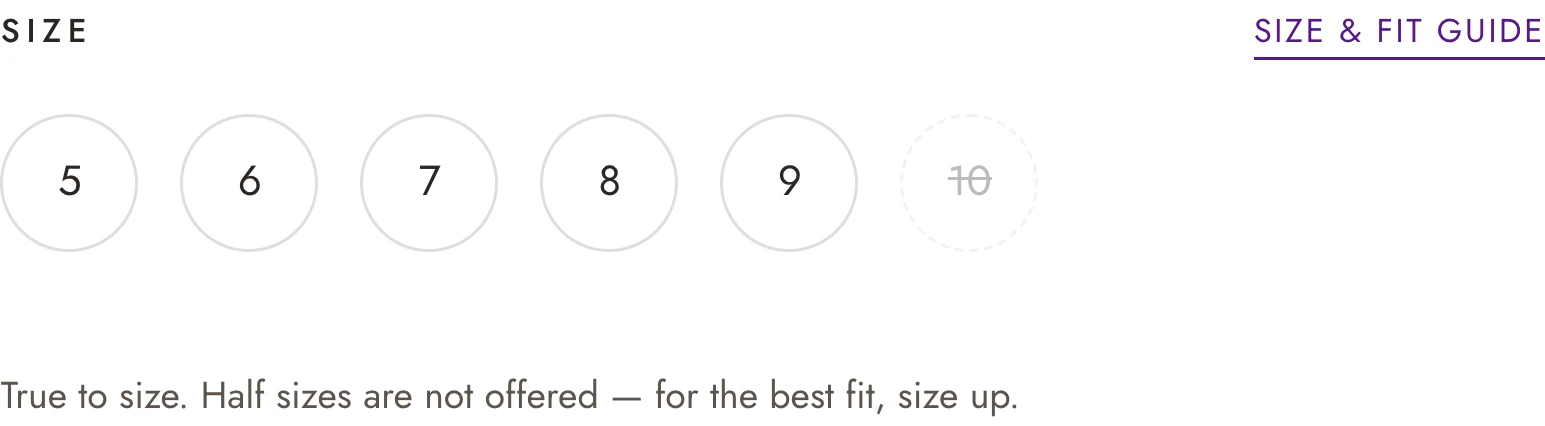 The size selector: circles from 5 to 10 with 10 struck through, above the line True to size, half sizes are not offered.