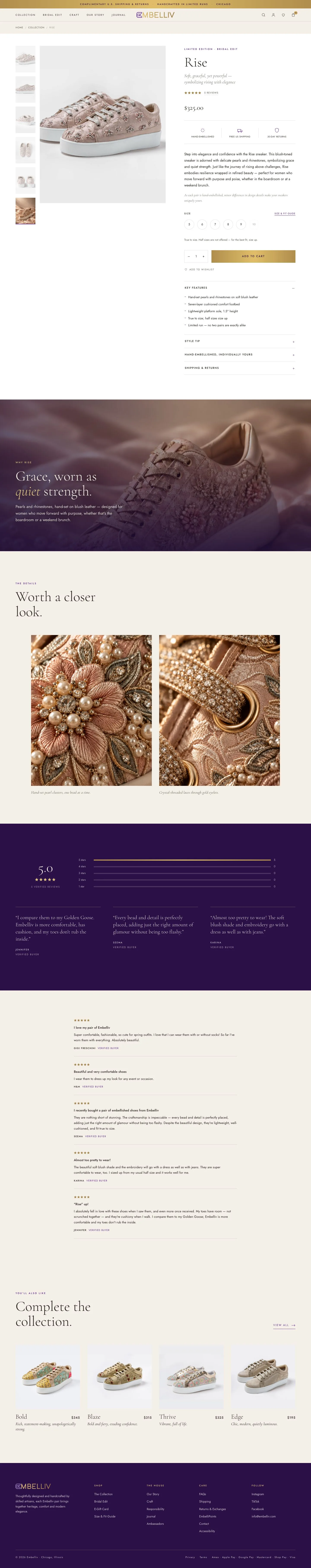 The Rise product page: gallery, size grid, detail accordions, close-up craft imagery and verified reviews.