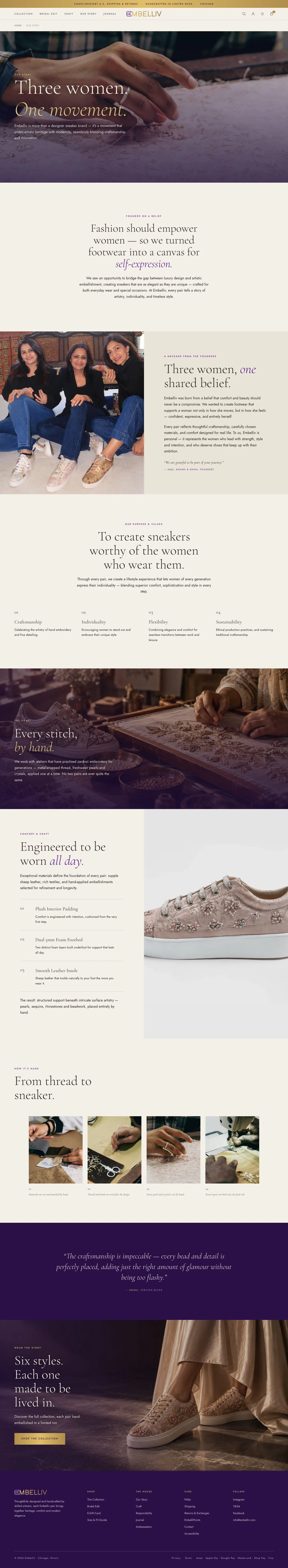 The Our Story page: the three founders, the belief behind the brand, the embroidery process and the comfort construction.