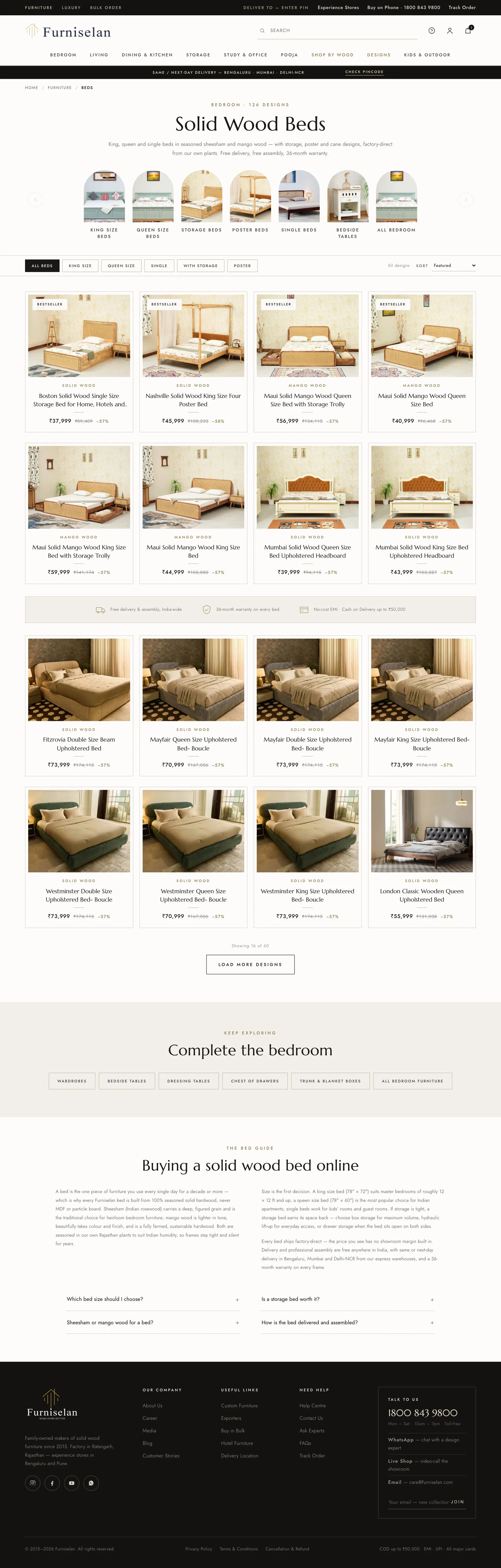 Solid Wood Beds collection with size filters, sort options and a buying guide.