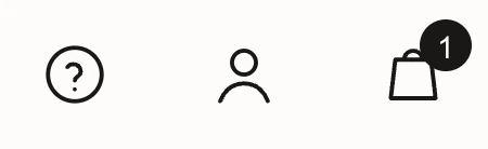 Help, account and bag icons, with a count on the bag.