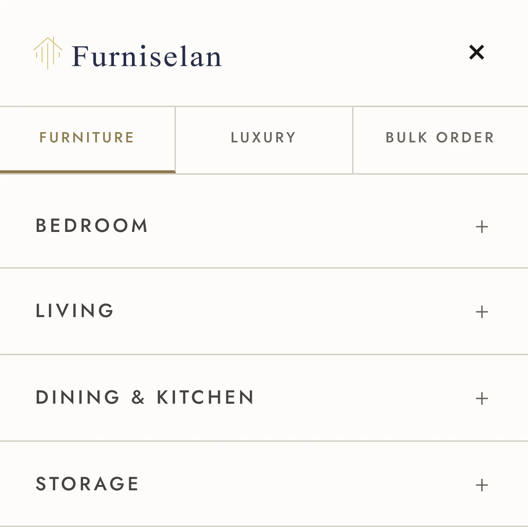 The mobile menu, with three tabs across the top and expandable category rows below.