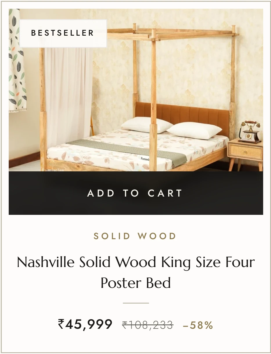 A product card showing a Bestseller badge, an Add to Cart bar revealed on hover, the material, the product name and the price.