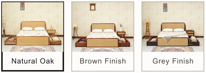 Three finish options shown as photographs of the same bed in Natural Oak, Brown and Grey.