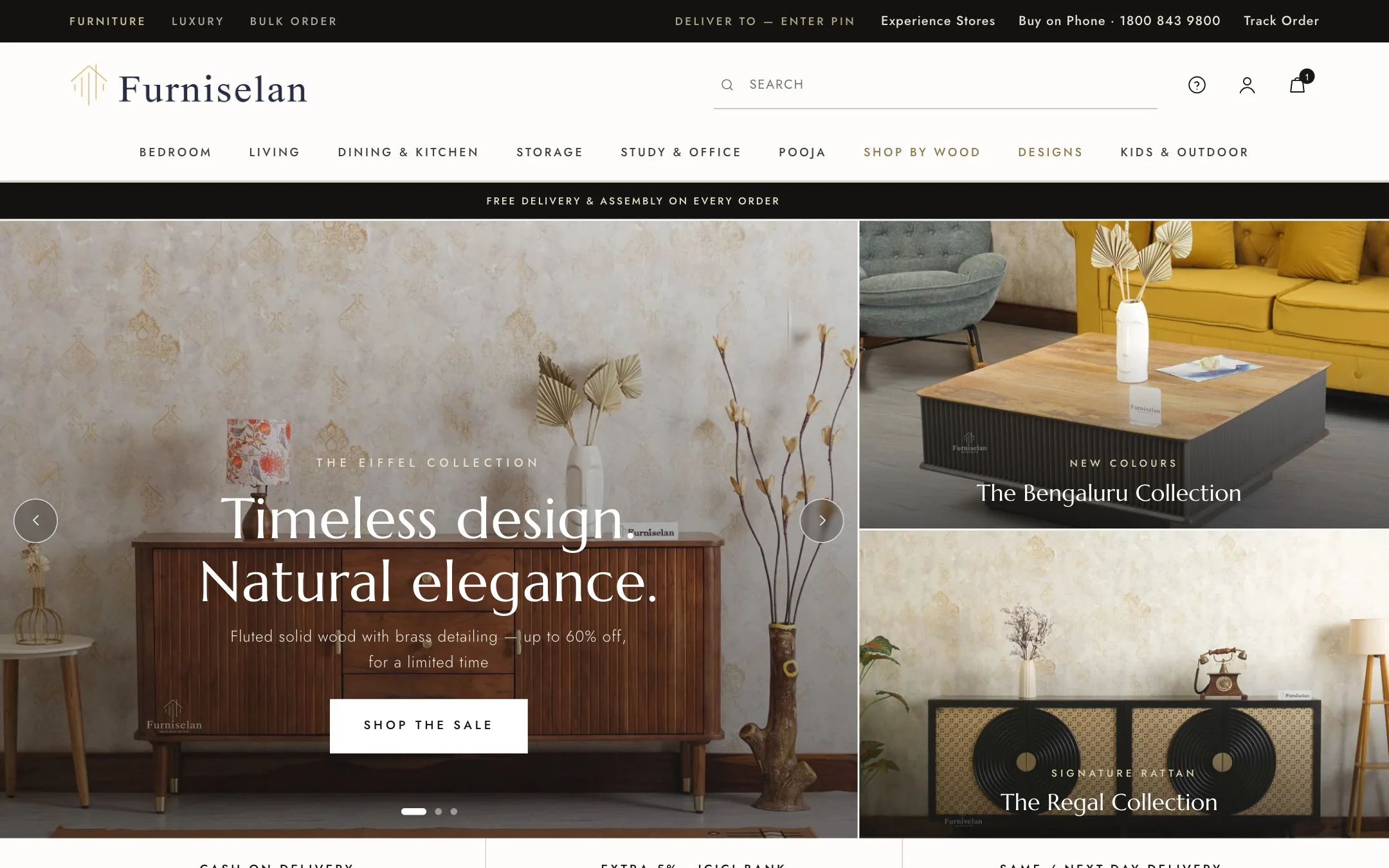 The redesigned Furniselan homepage, with the headline Timeless design, natural elegance, over a styled interior.
