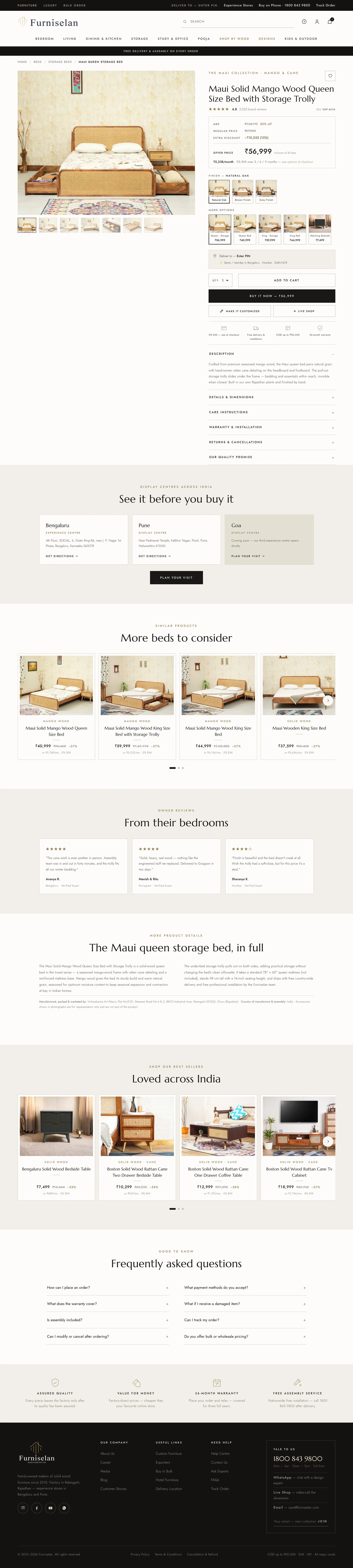 Product page for the Maui queen storage bed, with finish options, a delivery check and dimensions.