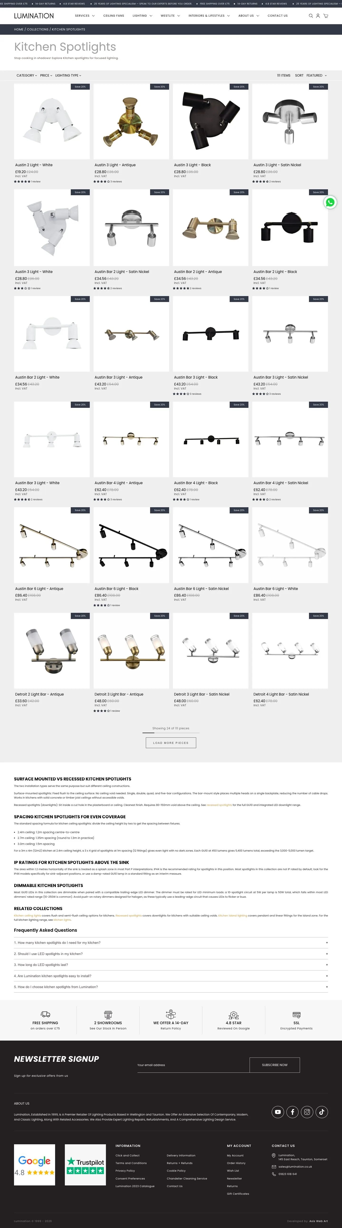 The kitchen spotlights collection: filters, a four-up grid with sale badges, and a long buying guide below the products.