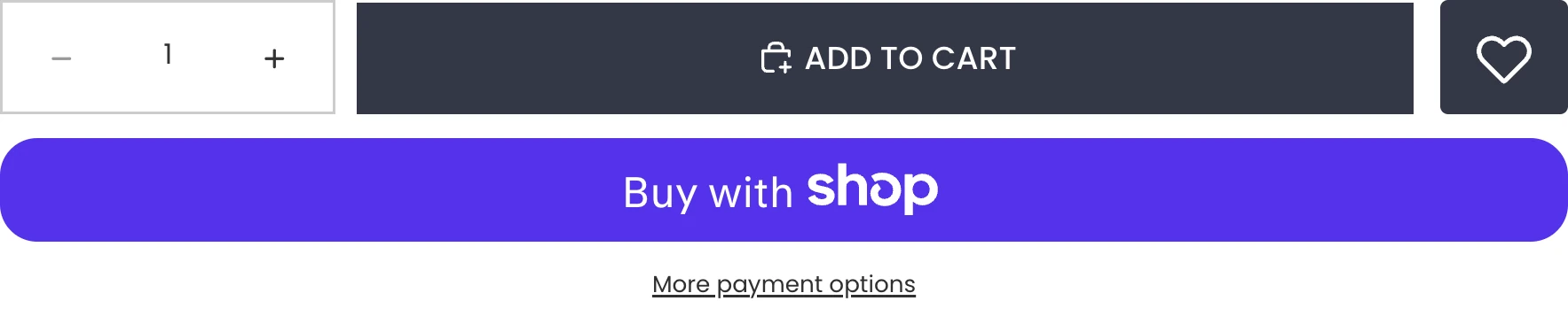 The buy row: a quantity stepper, a dark Add to Cart button, a wishlist heart, and a Shop Pay express button below.