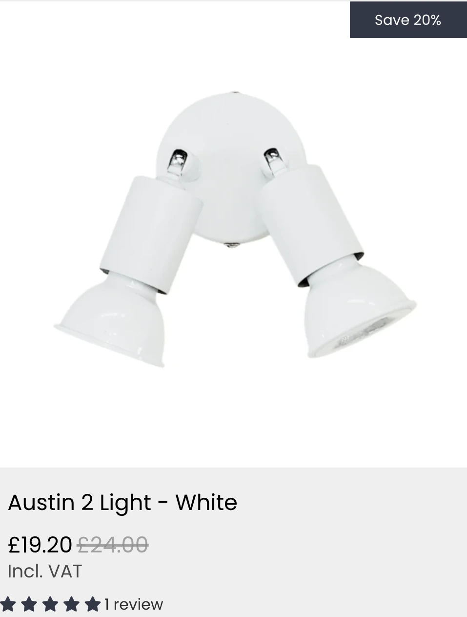 A product card for the Austin 2 Light in white: a save badge, the fitting on white, the name, the sale price against the original, and a review count.