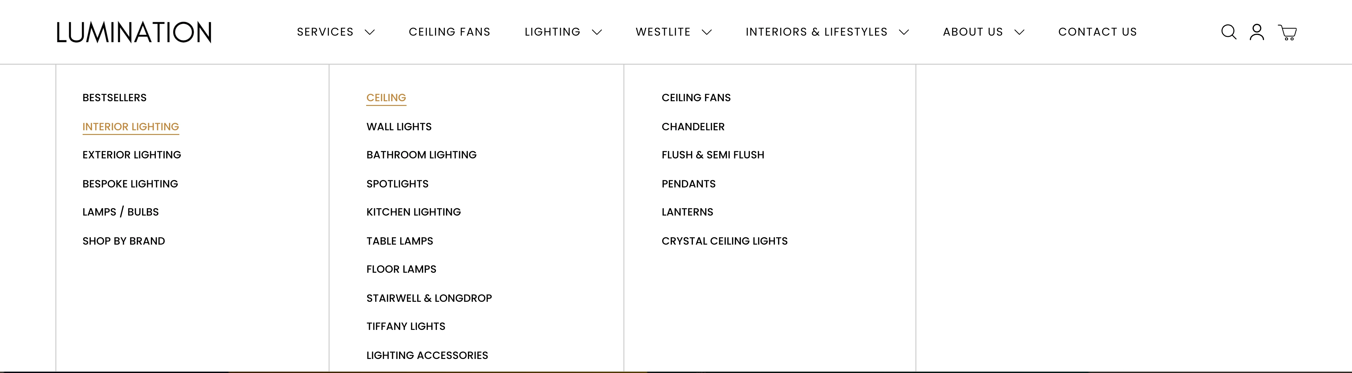 The Lighting mega menu open: three columns moving from Interior Lighting to Ceiling to the individual fitting types.