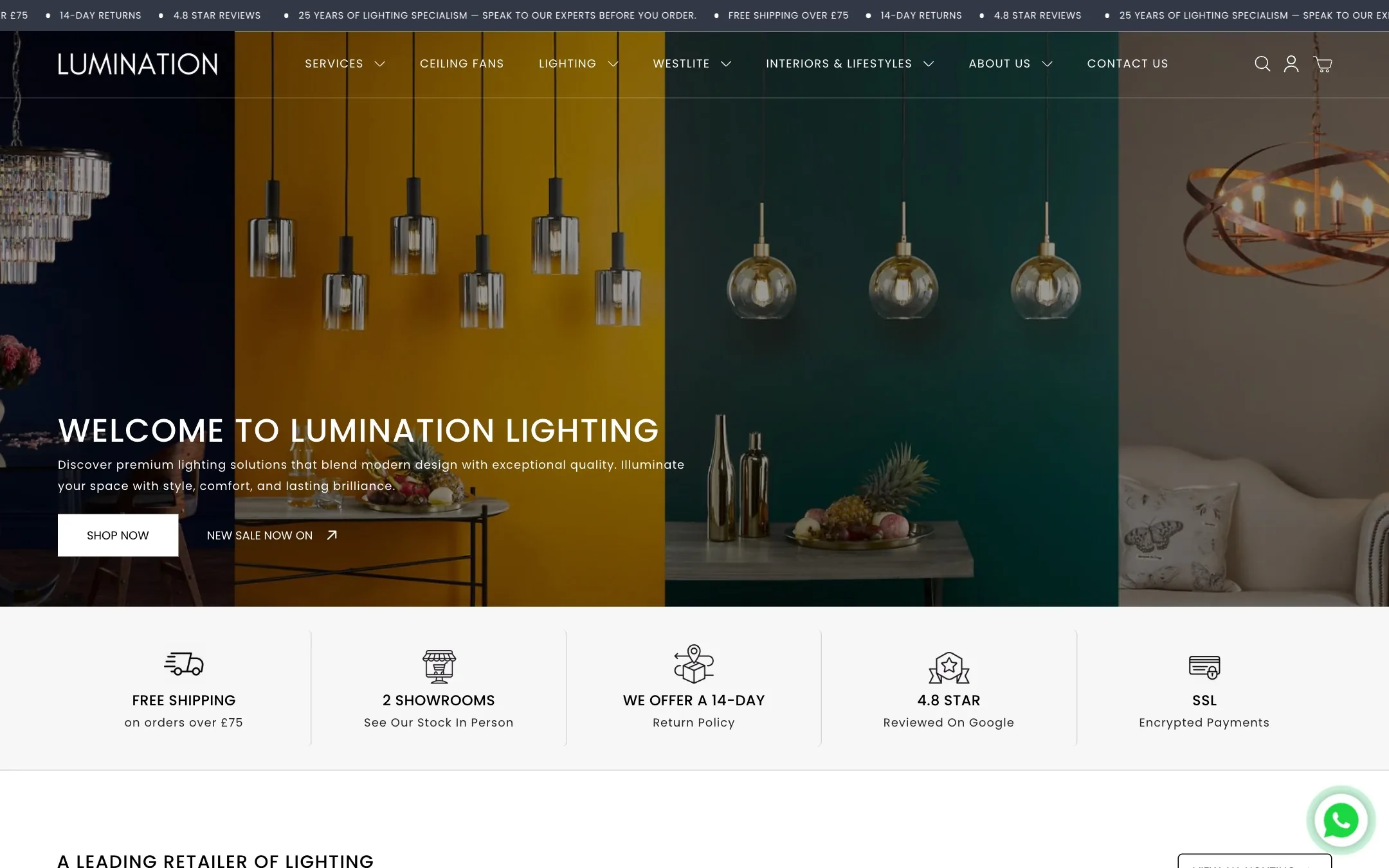 The Lumination homepage on Shopify, opening on a lit interior.