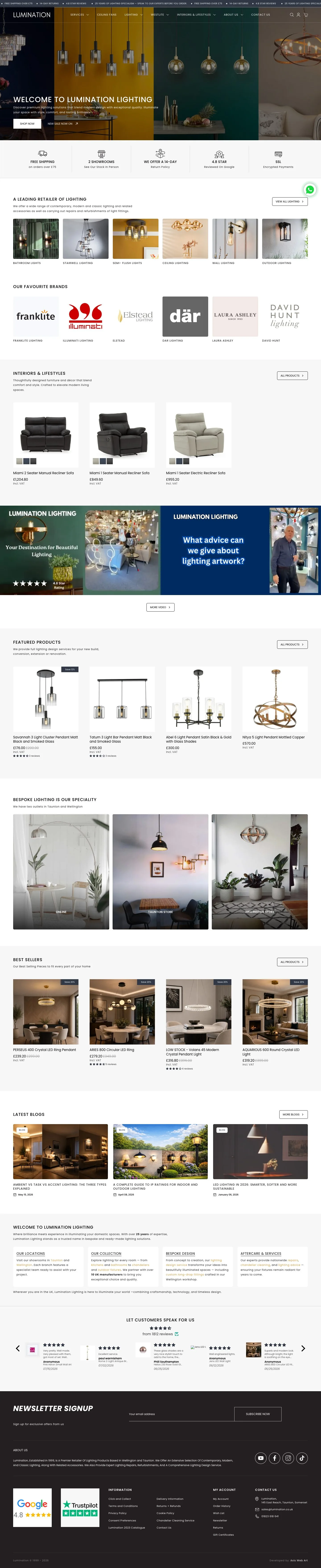 Full homepage: the lit-room hero, the trust strip, categories, stocked brands, featured products, bespoke lighting and the review wall.