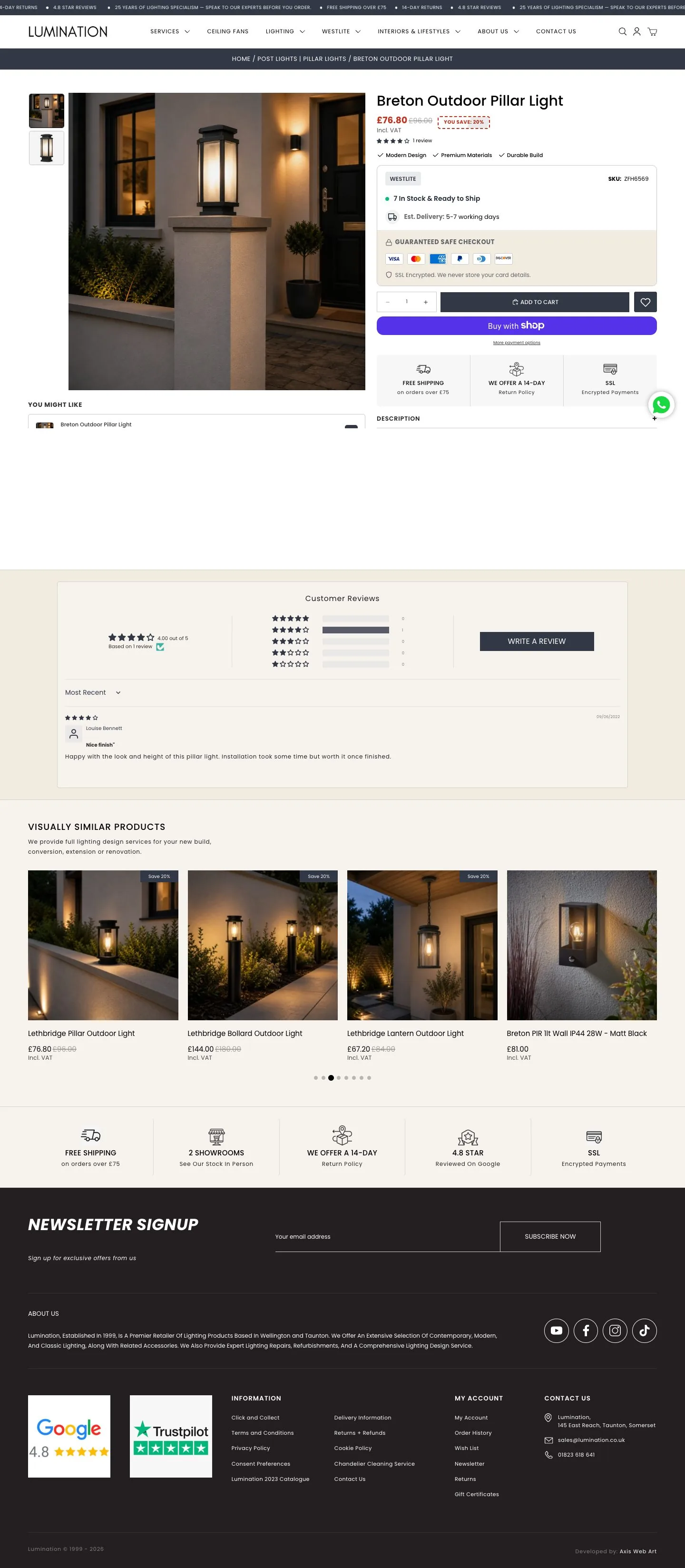 A product page: the fitting shown lit in situ, price with VAT stated, delivery estimate, add to cart, wallet buttons and customer reviews.