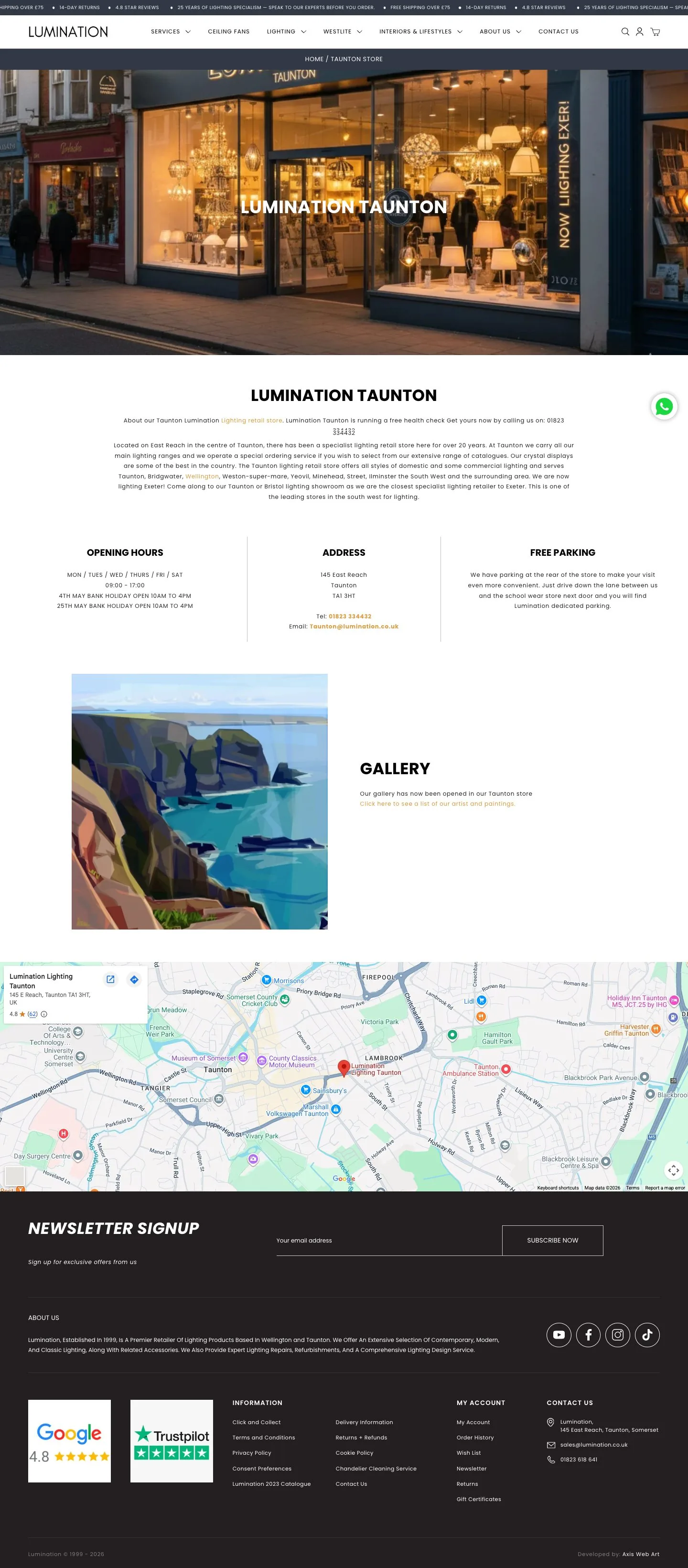The Taunton showroom page: the shopfront, opening hours, address, parking, a gallery and a map.