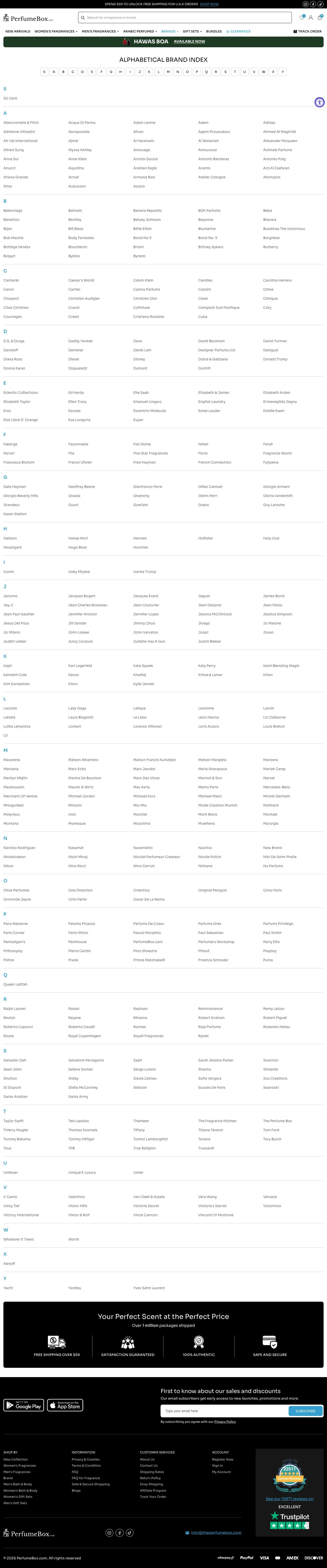 The alphabetical brand index: a letter jump bar above four hundred brand names grouped A to Z.
