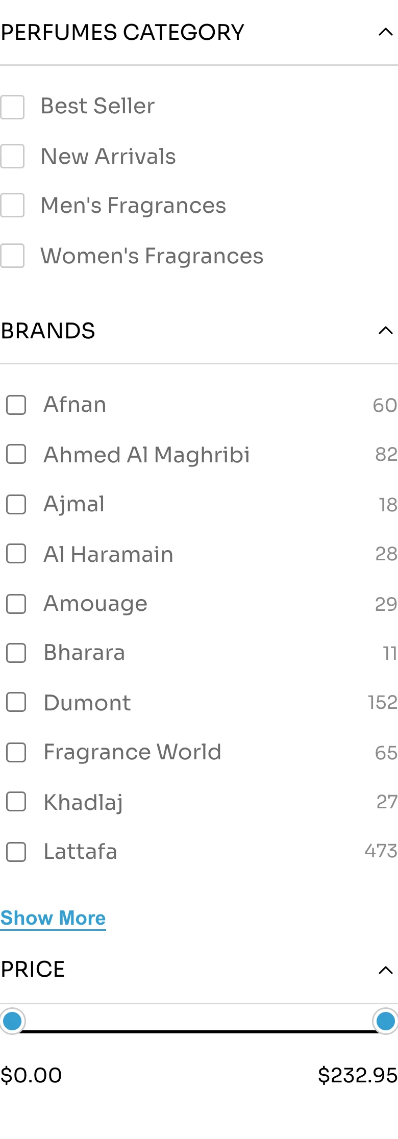 The filter rail: perfume category, brands with a count beside each, and a price range slider.