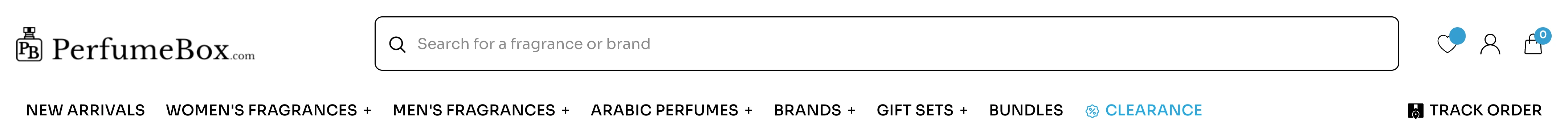 The site header: a search field across the middle, with new arrivals, women's, men's, Arabic perfumes, brands, gift sets, bundles and clearance underneath.