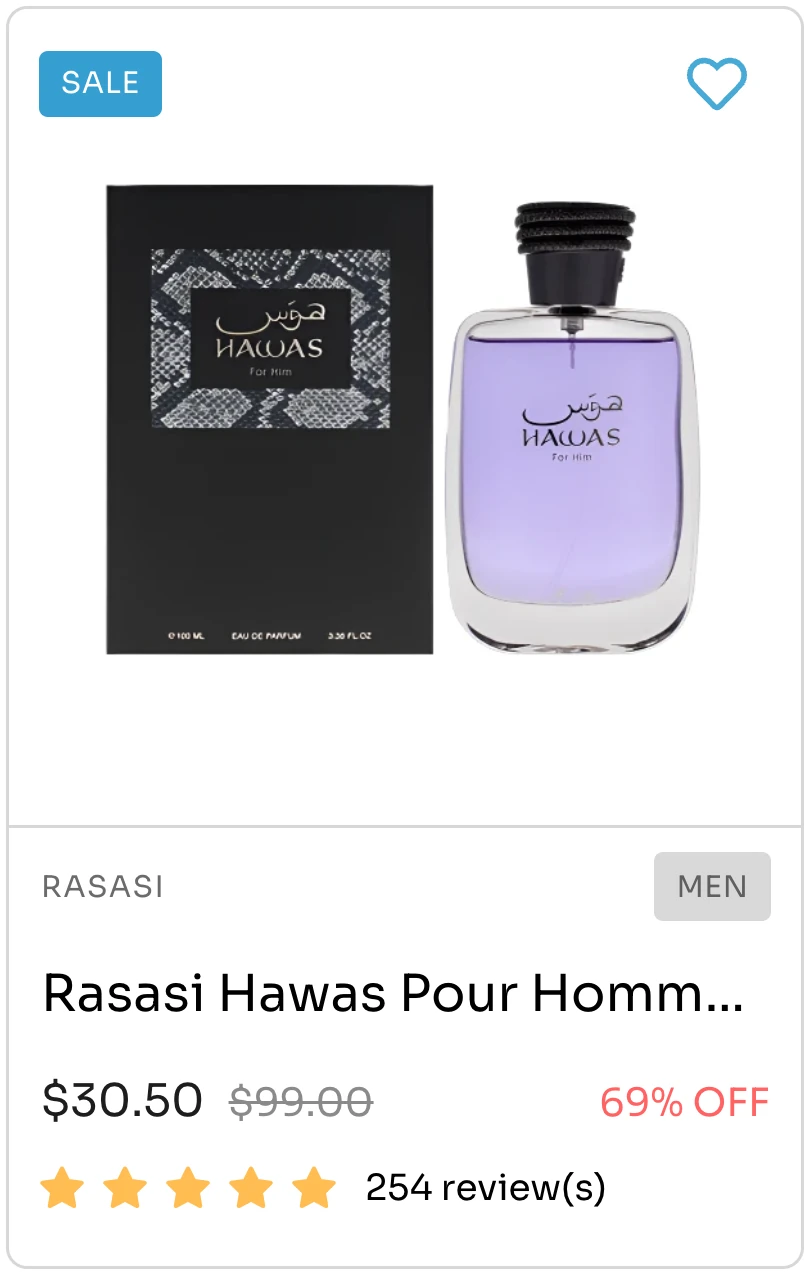 A product tile: a sale badge, the bottle with its box, the house name, a gender tag, the price against the original, the discount and a review count.