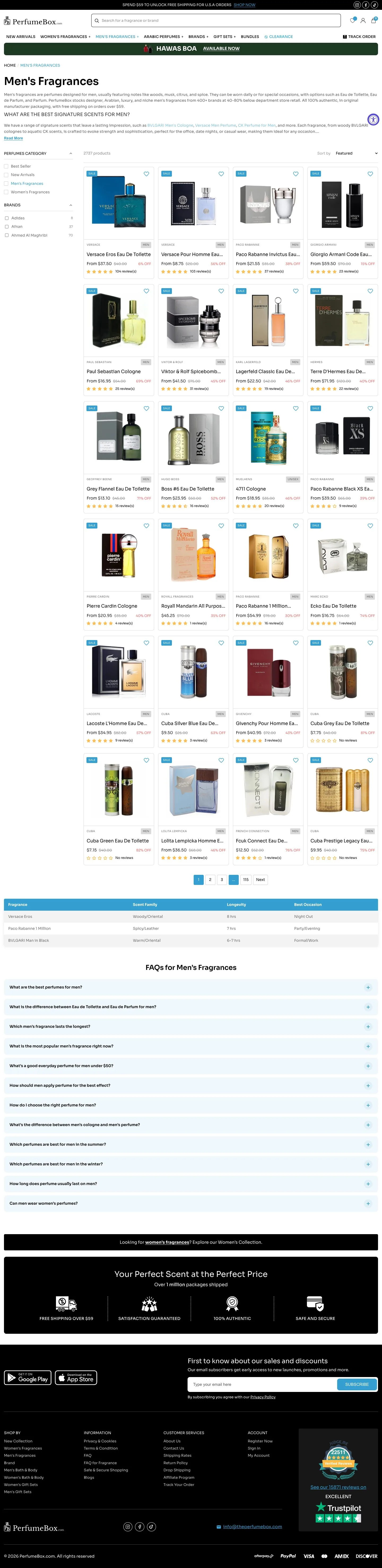 The men's fragrances collection: a filter rail, a five-up product grid, pagination and a long FAQ underneath.