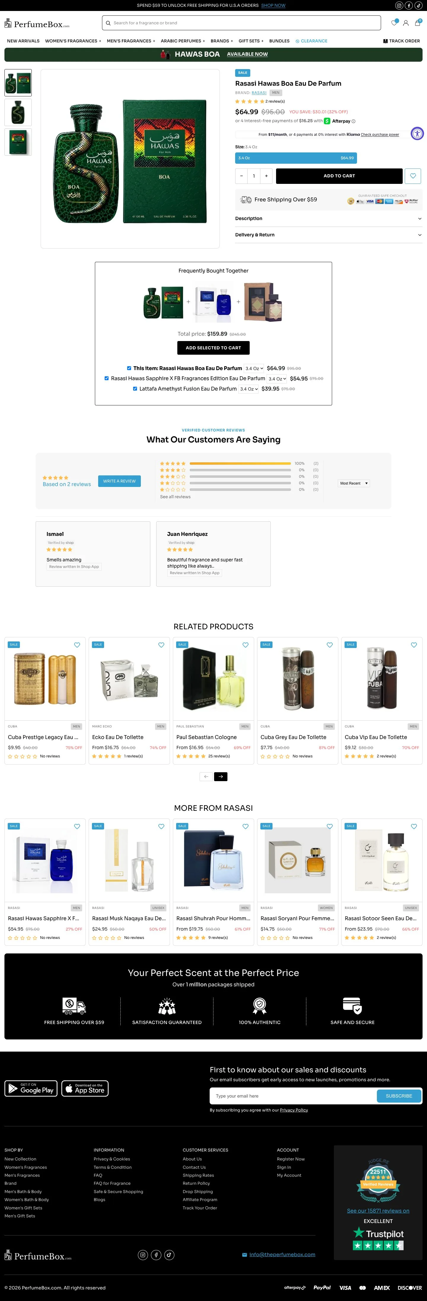 A product page: price with the saving stated, size selector, add to cart, a frequently bought together bundle, reviews and related products.