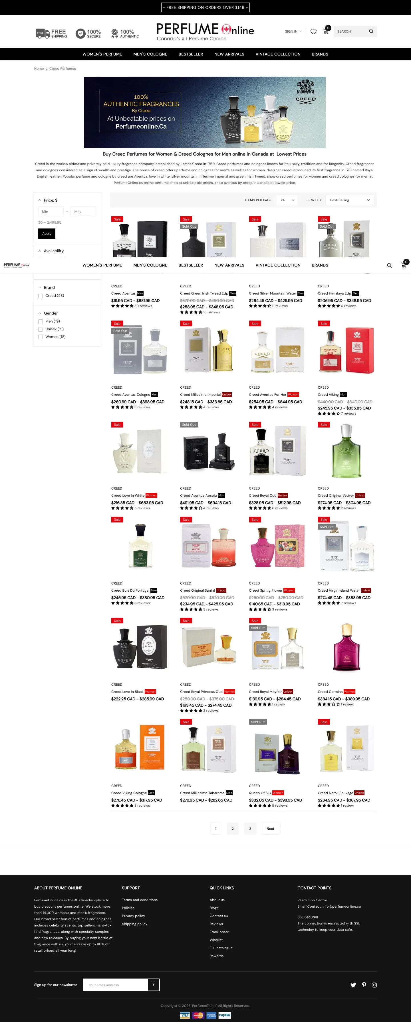 The Creed brand page: an authenticity banner, written introduction, filters and the full grid of that house's fragrances.