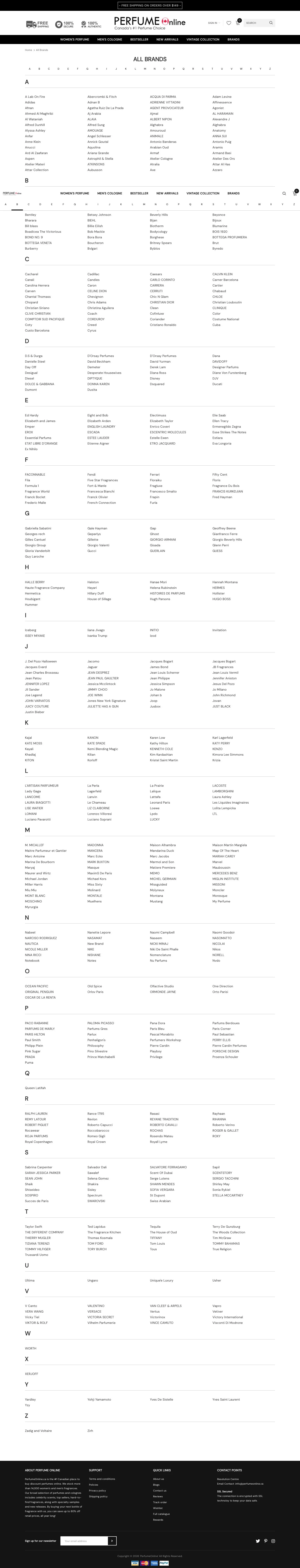 The alphabetical brand index, A to Z, listing every house carried by the store.