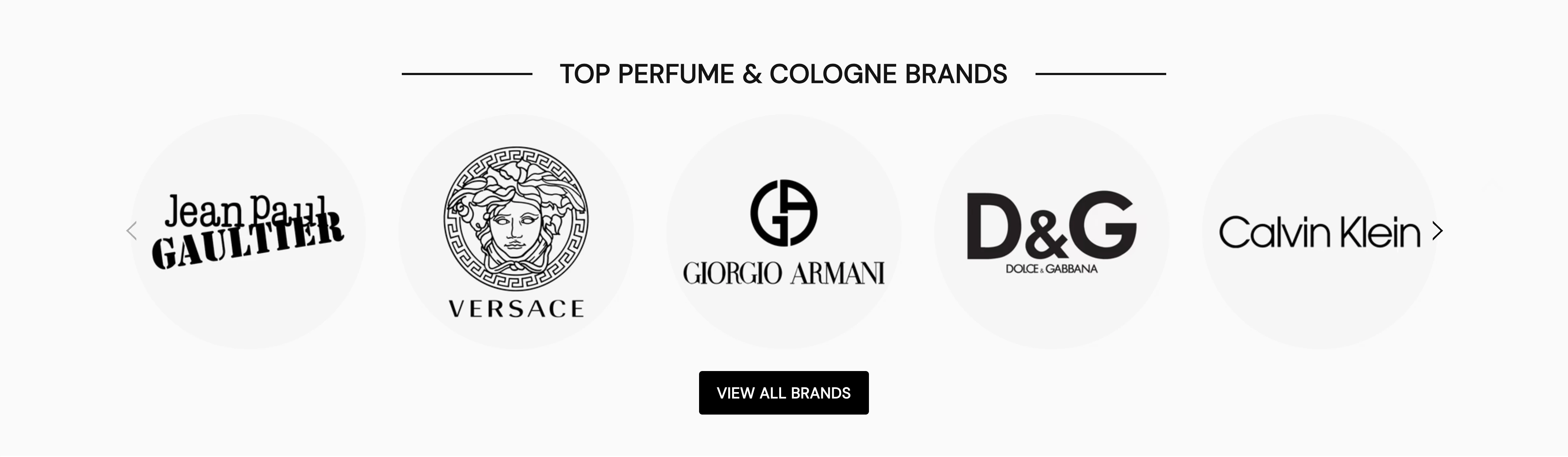 The designer house carousel: Jean Paul Gaultier, Versace, Giorgio Armani, Dolce and Gabbana and Calvin Klein, above a view all brands button.