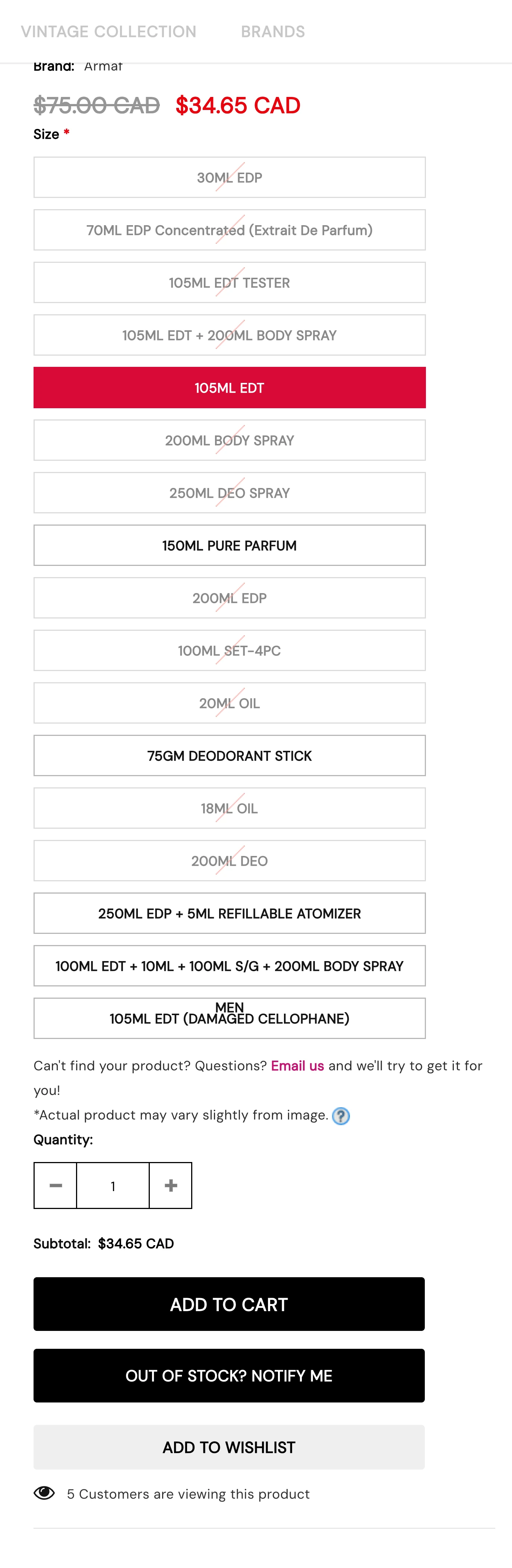 The buy column: the price against its original, a list of twenty size and format options with one selected in crimson, quantity, subtotal, add to cart, a notify option and add to wishlist.