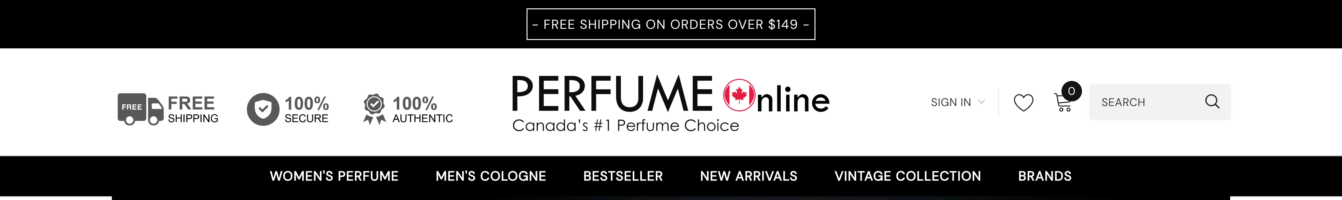 The site header: free shipping over $149, free shipping, 100% secure and 100% authentic icons, the wordmark, sign in, wishlist, cart and search, with the category bar underneath.