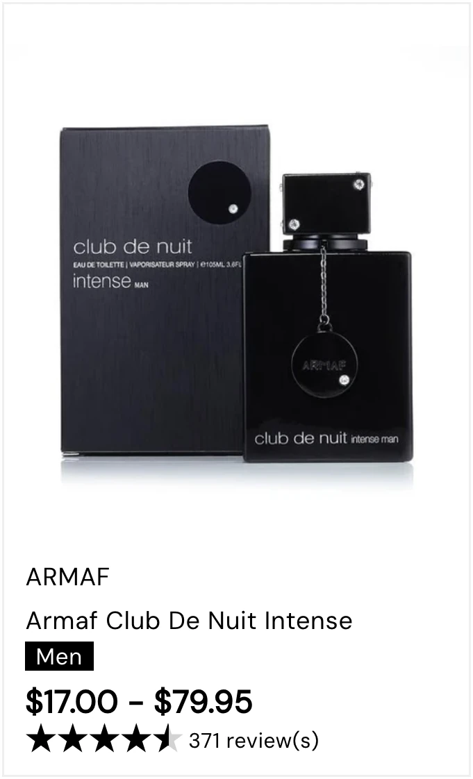 A product tile: the bottle with its box, the house name, the product name, a men's tag, a price range and a review count.