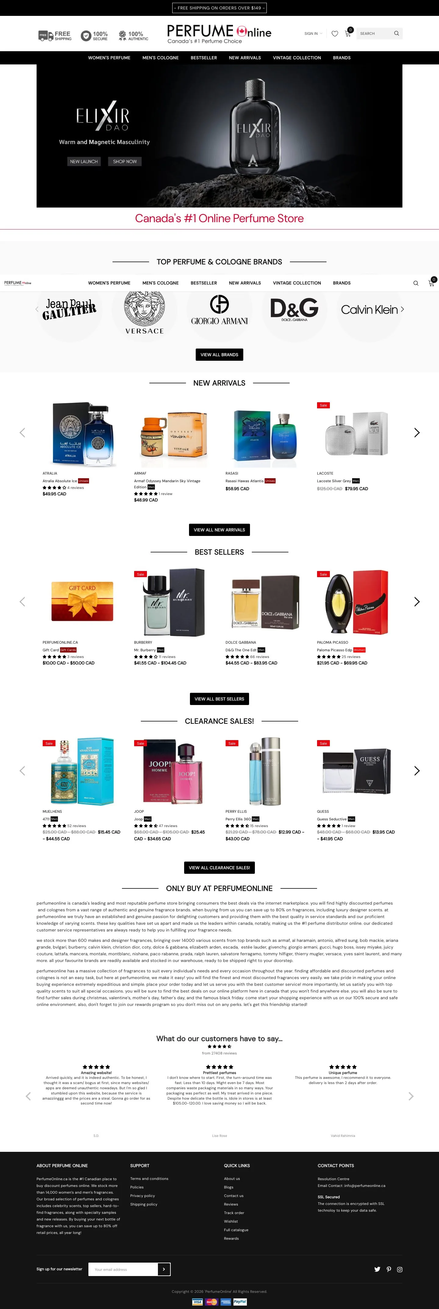 Full homepage: the campaign hero, the designer brand carousel, new arrivals, best sellers, clearance and the customer review wall.