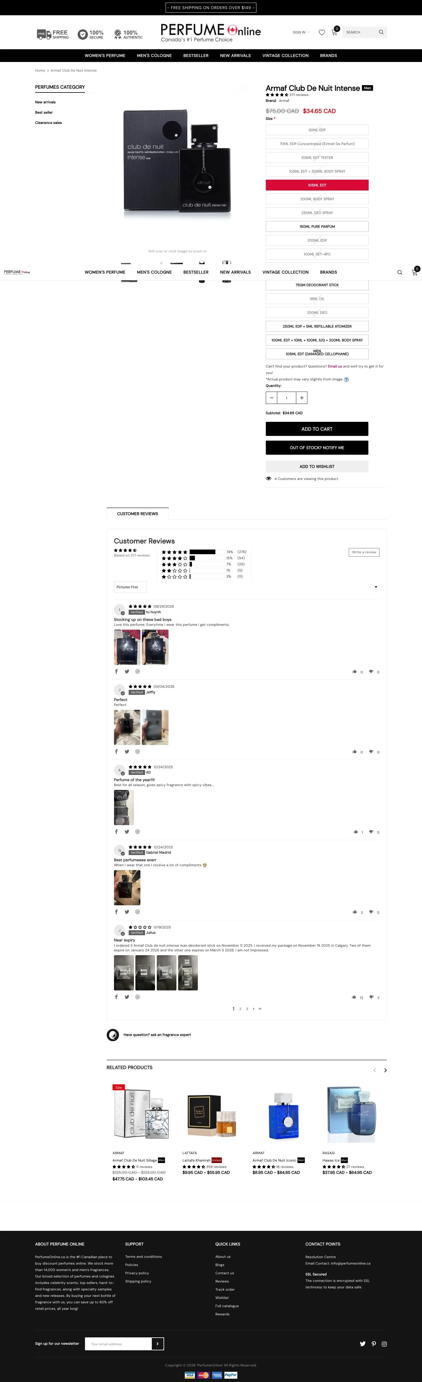 A product page: the bottle, brand and availability, the price against its original, a long list of size and format options, and customer reviews with photographs.