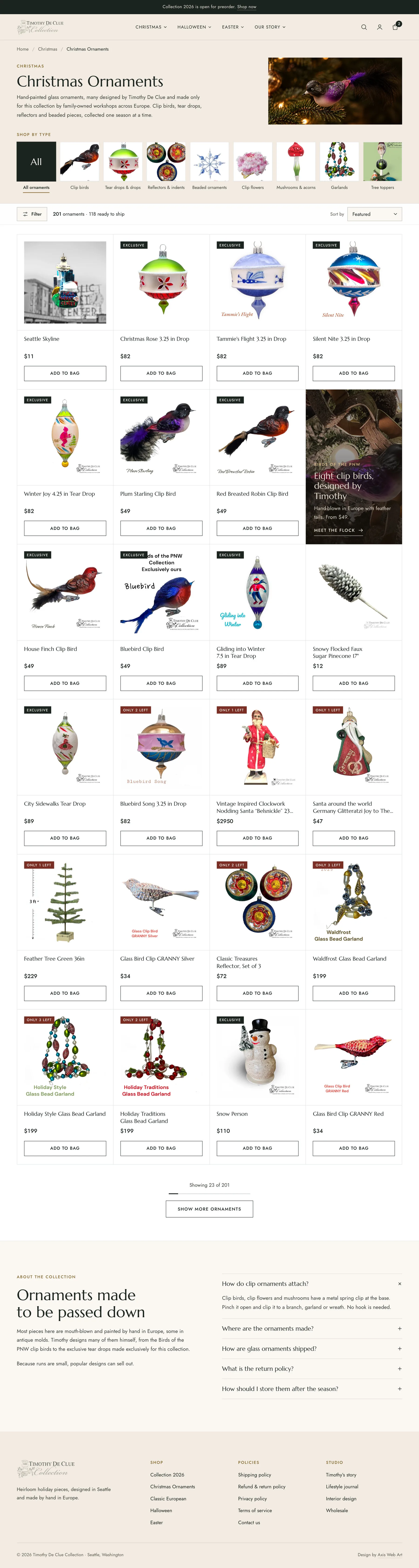 Christmas Ornaments collection with a shop-by-type row and a product grid.