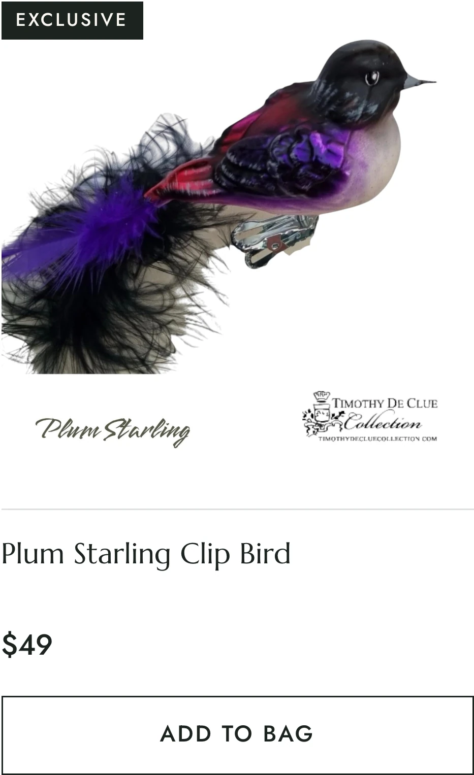A product card for the Plum Starling Clip Bird with an Exclusive badge, the price and an Add to Bag button.