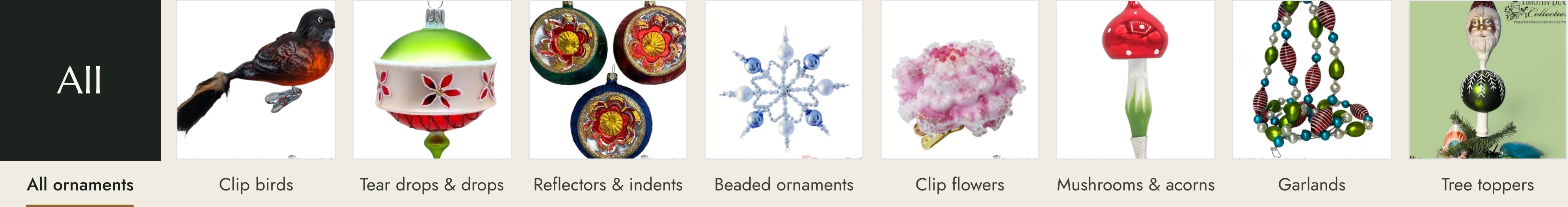 The shop-by-type row: nine picture tiles, one for each ornament type.