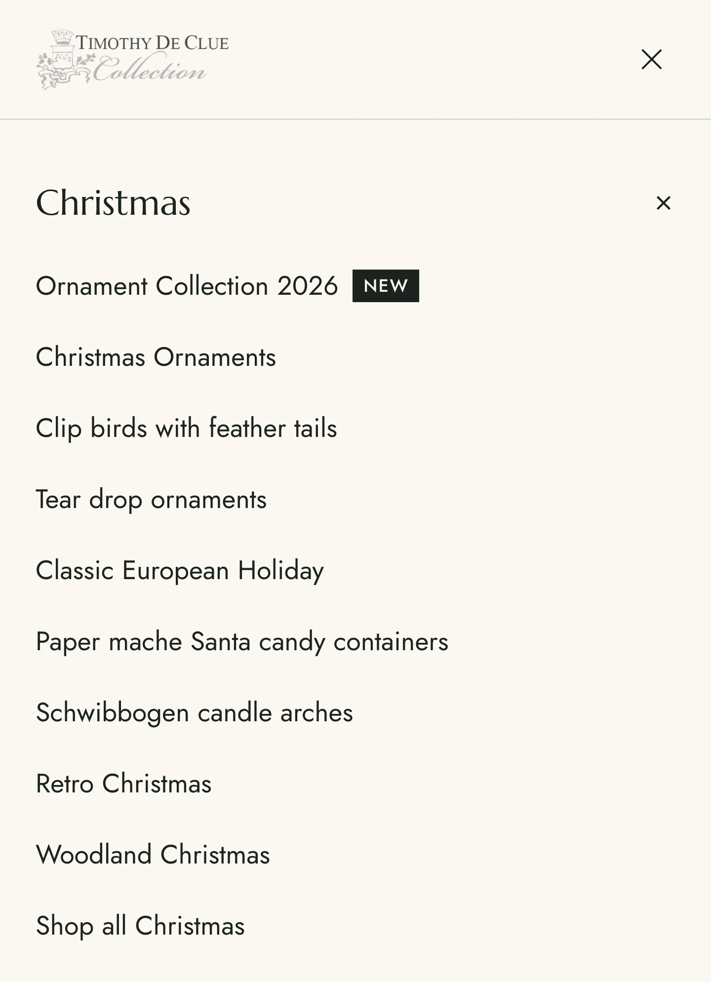 The navigation drawer with Christmas expanded into its nine sub-collections.