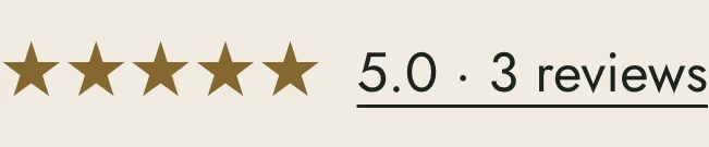 Five brass stars beside a 5.0 score and a link to three reviews.