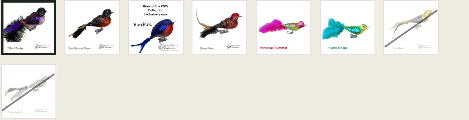 Eight image swatches, each a photograph of a different bird in the same series.