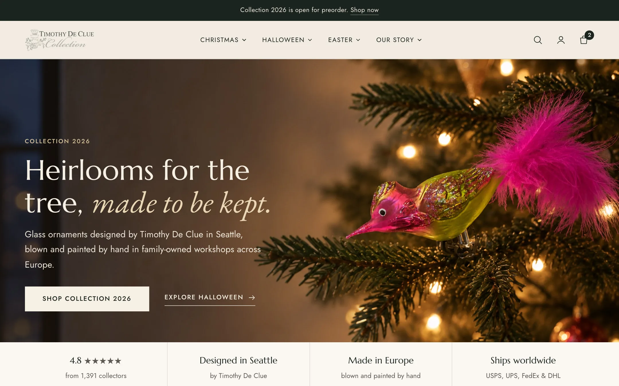 The redesigned homepage: a glass clip bird on a lit tree, with the headline Heirlooms for the tree, made to be kept.