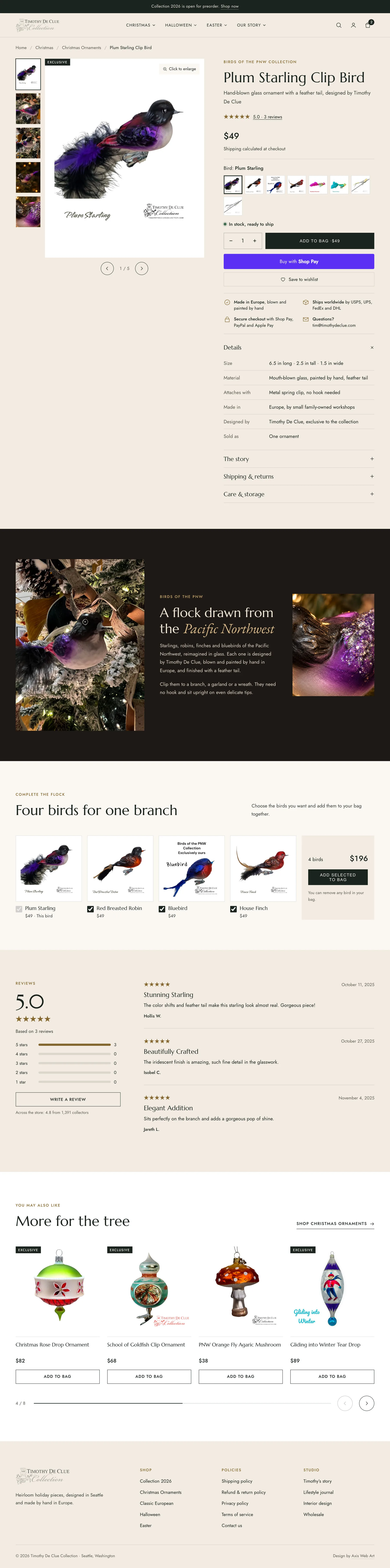 Plum Starling Clip Bird product page with a gallery, image swatches for each bird and add to bag.